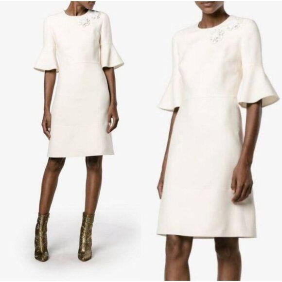 Fendi Blue Trumpet Bell Sleeve Floral Appliqué Sheath Dress Sz 40 US S Wool Silk - Picture 13 of 16